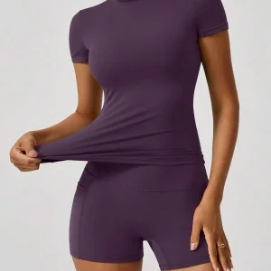 Women's Sweet Sports Short Sleeve High Waist Tummy Control Shorts Set